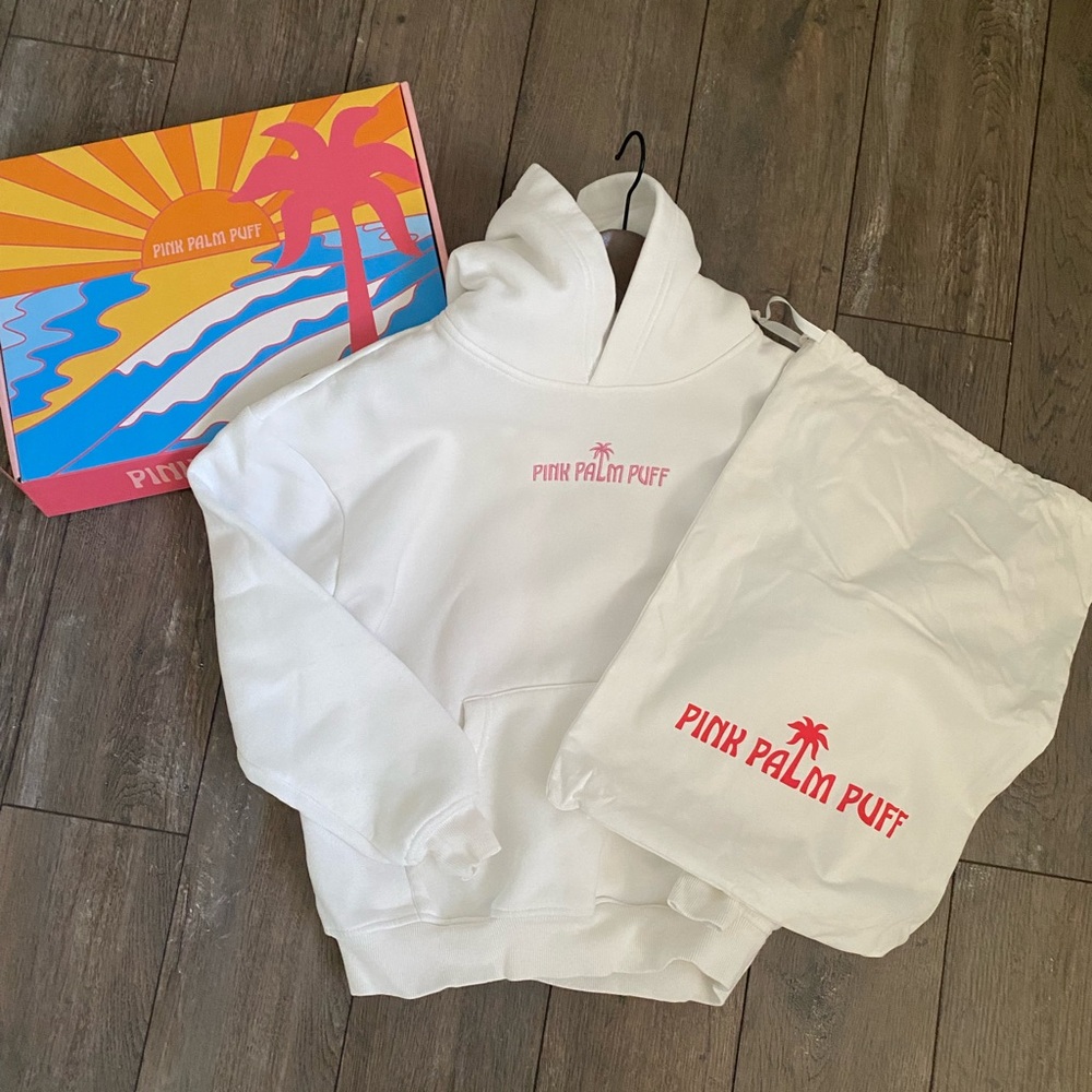 Pink Palm Puff White Hoodie
